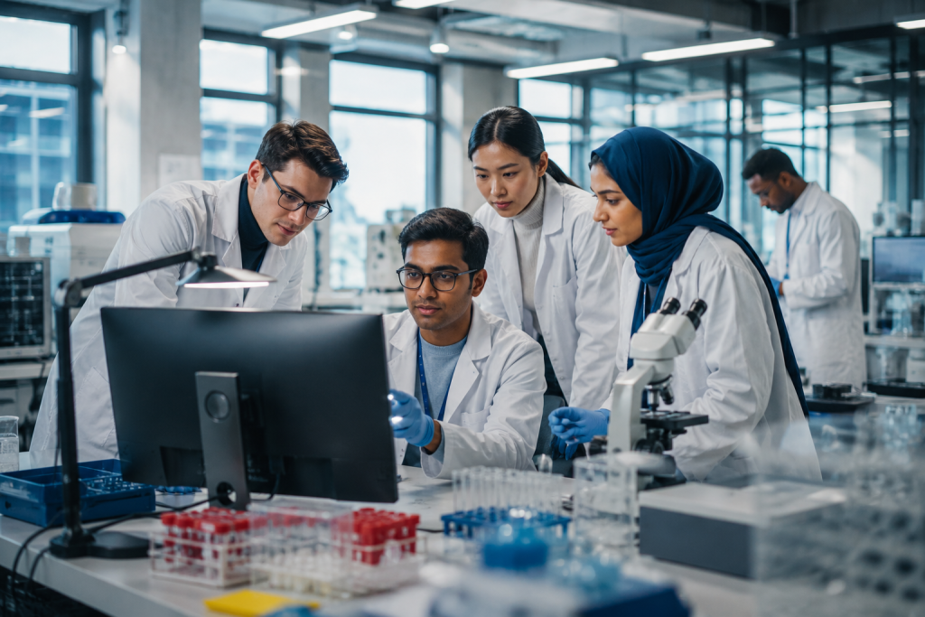 Students and professors conducting advanced research in a modern laboratory at the University of West London