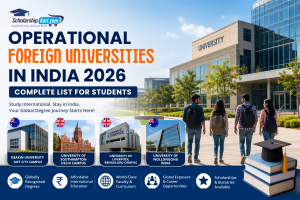 Operational Foreign Universities in India 2026 feature image showing international university campuses, students, scholarships, and globally recognised degree opportunities. | Foreign universities in India | ScholarshipKart